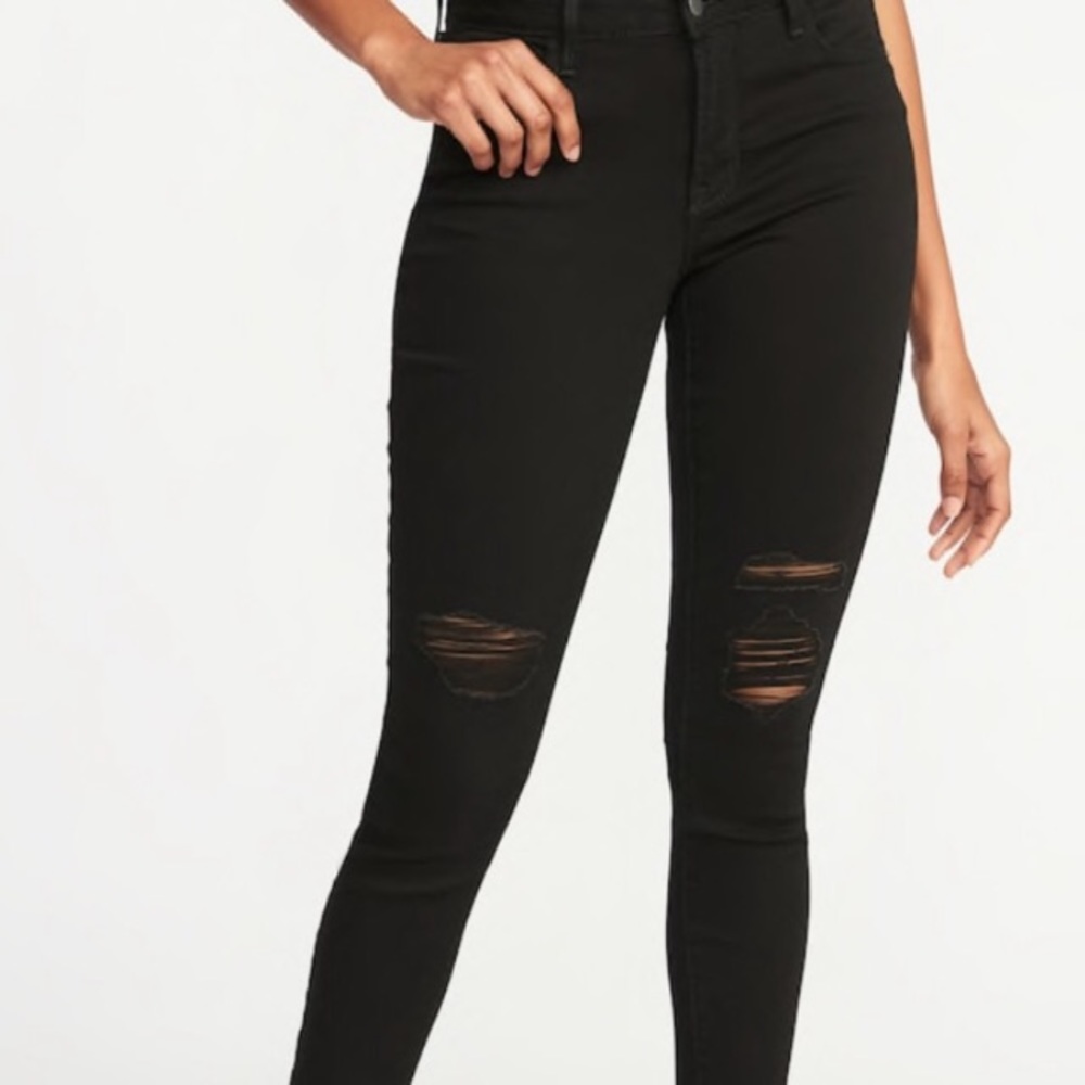 Distress black skinny high rise jeans
